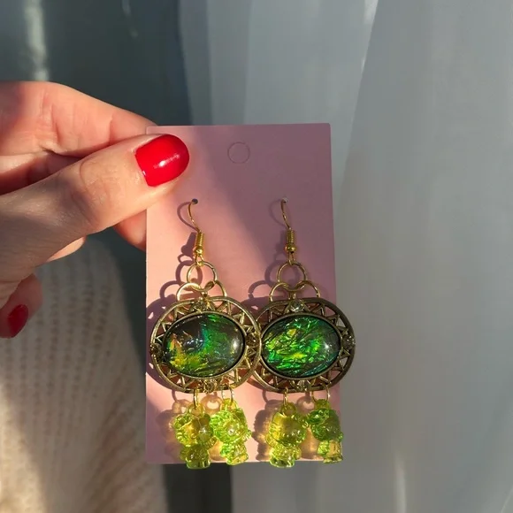 Dragon eye snake hello kitty Green Gold Dangle Earrings - Picture 2 of 4